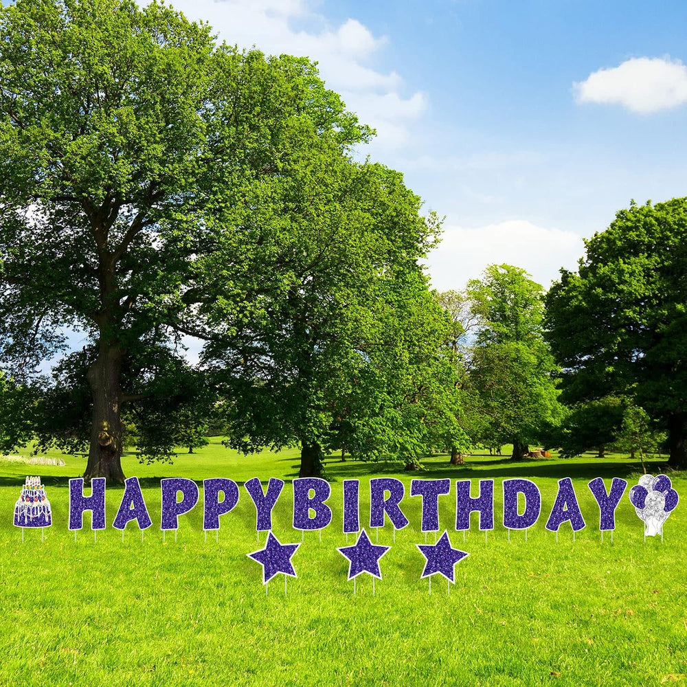 Jetec 18 Pcs Happy Birthday Yard Sign with Stakes and Light, Purple
