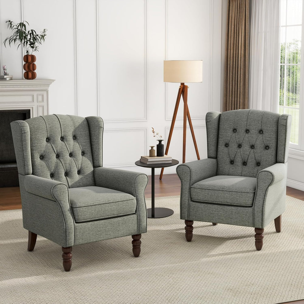 High Back Accent Chairs Set of 2, Wingback Armchair in Fabric, Gray