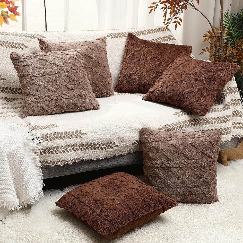 6 Pcs Faux Fur Decorative Pillow Covers 18x18 in, Brown, Gray