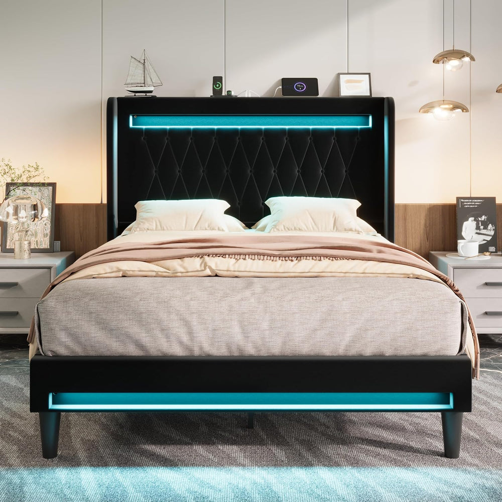 Allewie Queen Size Upholstered Bed Frame with LED & Charging Station, Black