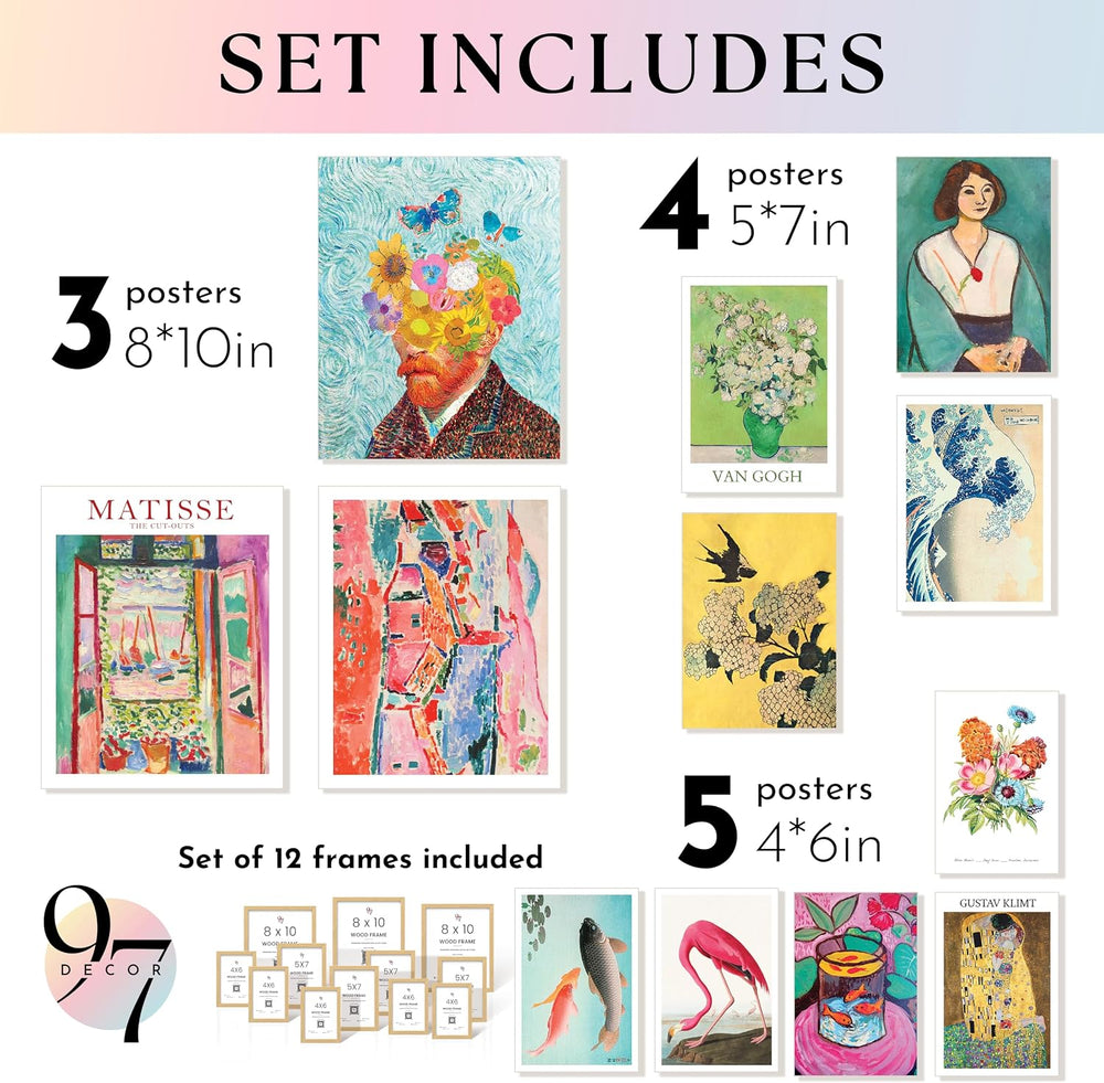 Eclectic FRAMED Wall Art, Retro Colorful Prints for Bedroom, BEIGE FRAME