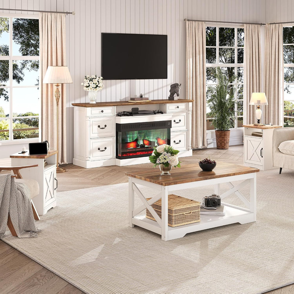 LUXOAK 3 Piece Living Room Table Set with Barn Door, Distressed White
