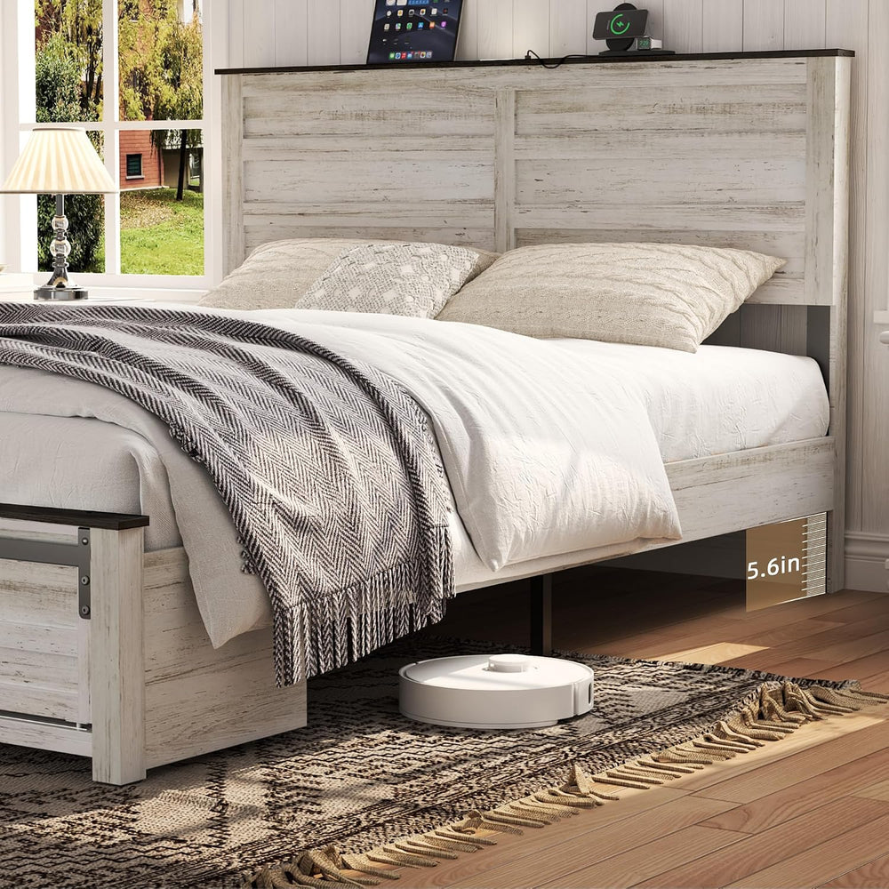 King Size Wooden Bed Frame with Headboard and Storage Footboard