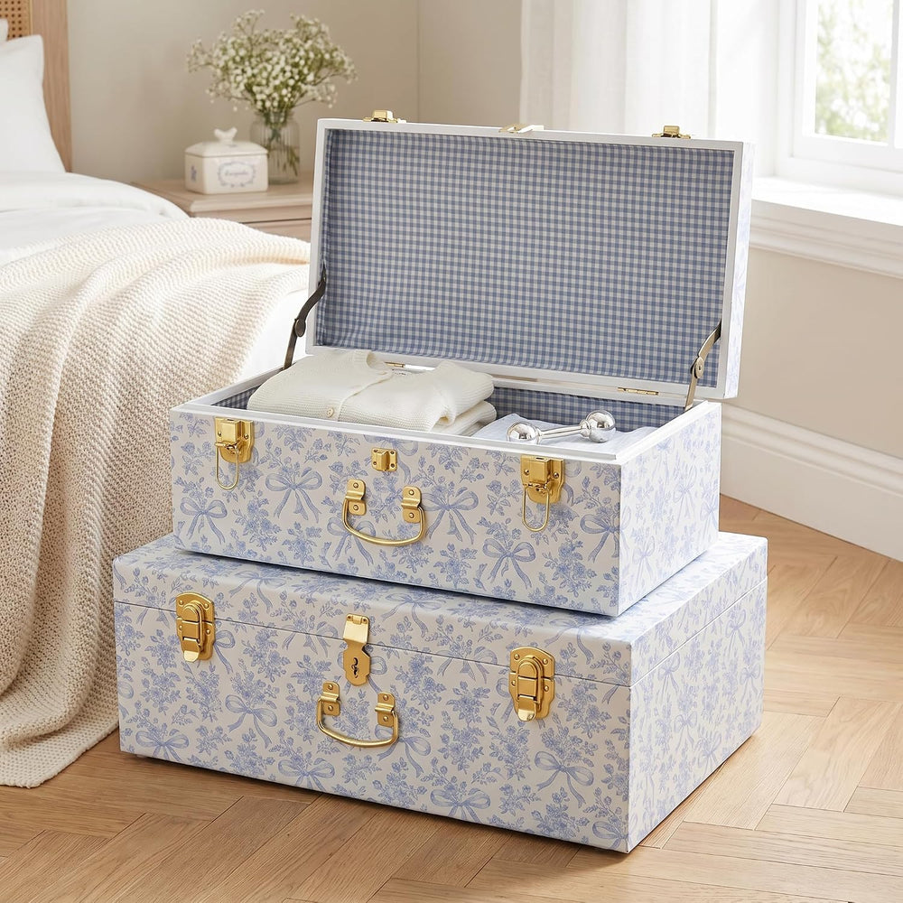 Rool Floral Decorative Storage Trunk Set of 2, Blue Metal Keepsake Trunks