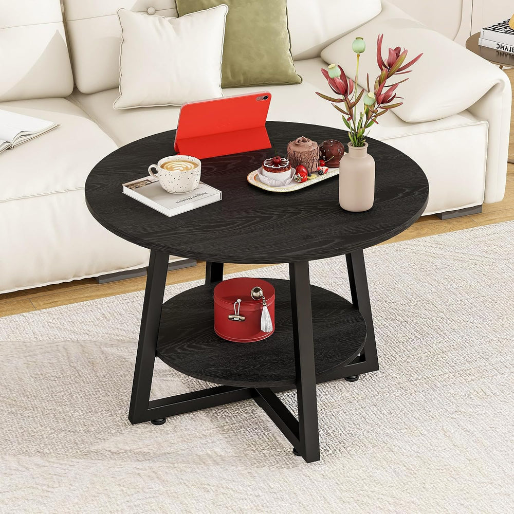 Round Coffee Table with Storage,Metal Small Coffee Table,Black