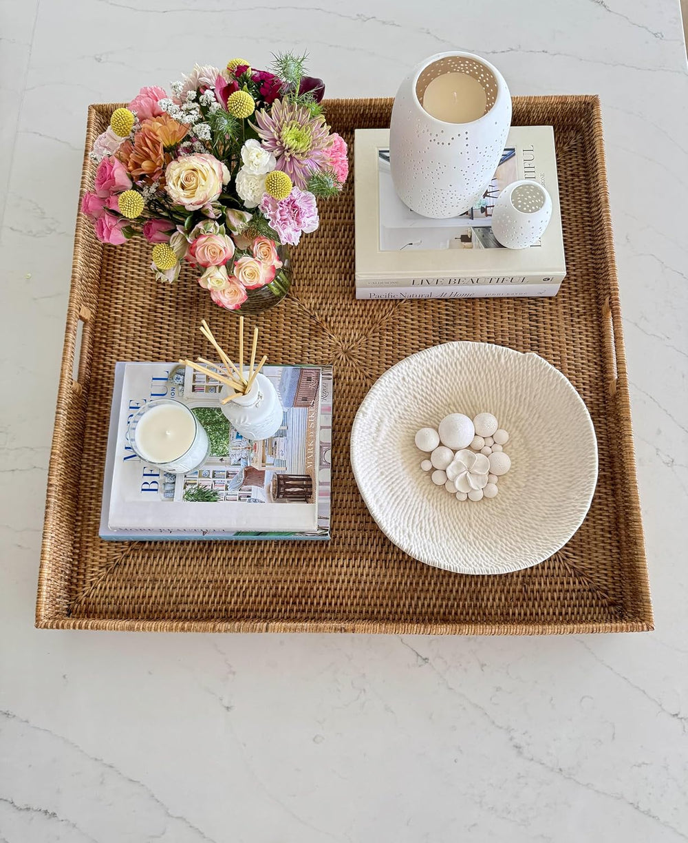 KOUBOO Square Rattan Jumbo Centerpiece Tray, 39.5 in x 39.5 in, Honey-Brown