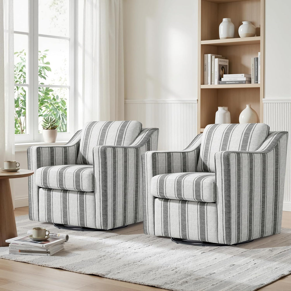 Swivel Accent Chairs Set of 2, Upholstered Barrel Armchair, Stripe Gray