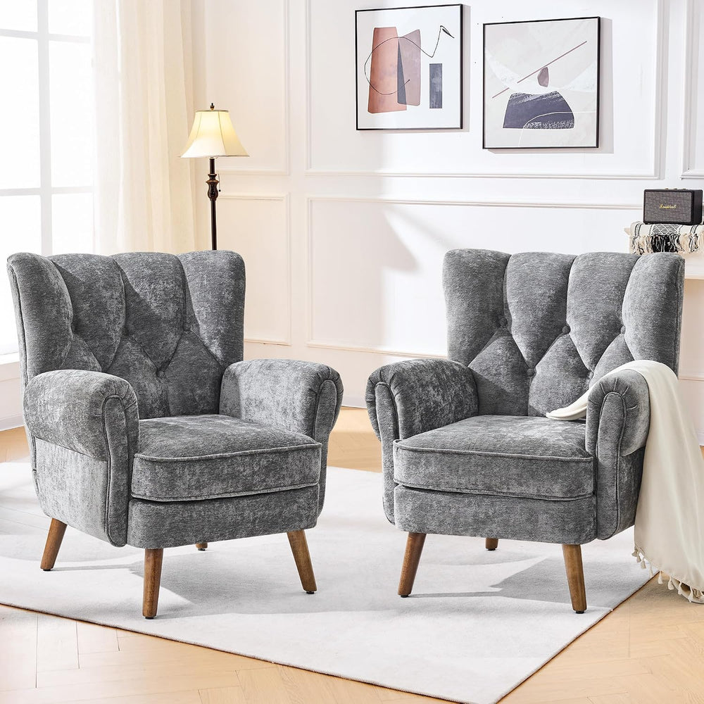 Chenille Wingback Accent Chairs Set of 2, Mid-Century Modern Living Room Armc...