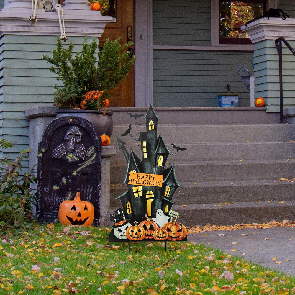 Glitzhome 32" H Halloween Metal Haunted House Yard Stake/Hanging Decor,H...
