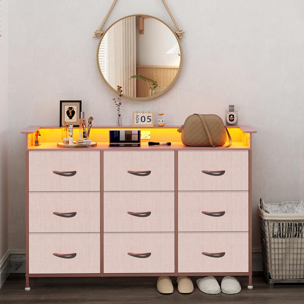EXOTICA Pink Dresser with LED Light for Girls Bedroom 9 Drawer Dressers with ...