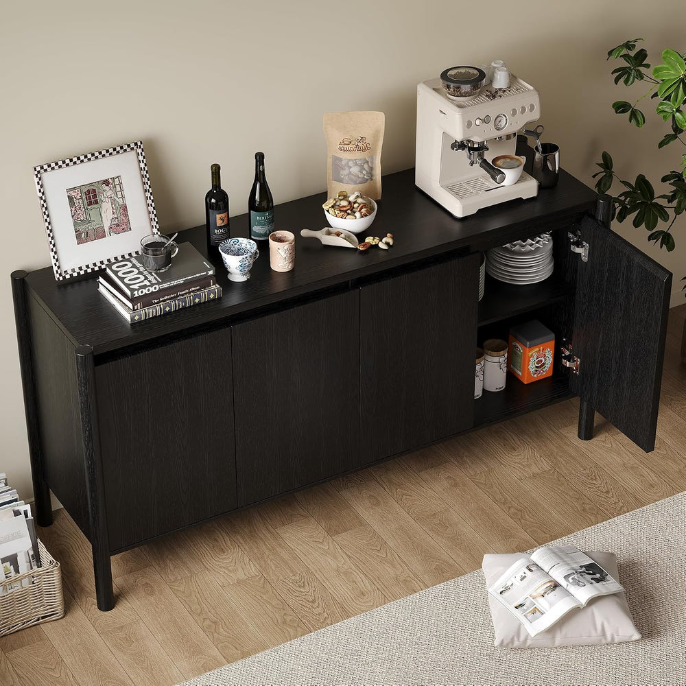 59 Inch Black Buffet Cabinet, Mid Century Wood Sideboard Storage