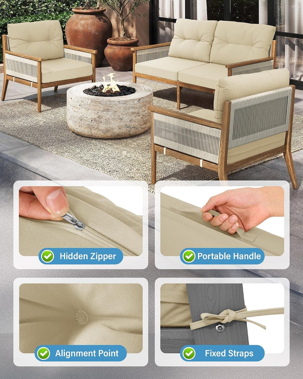 YEFU 24x24 Outdoor Chair Cushions, Deep Seat Patio Cushions Set of 4, Beige