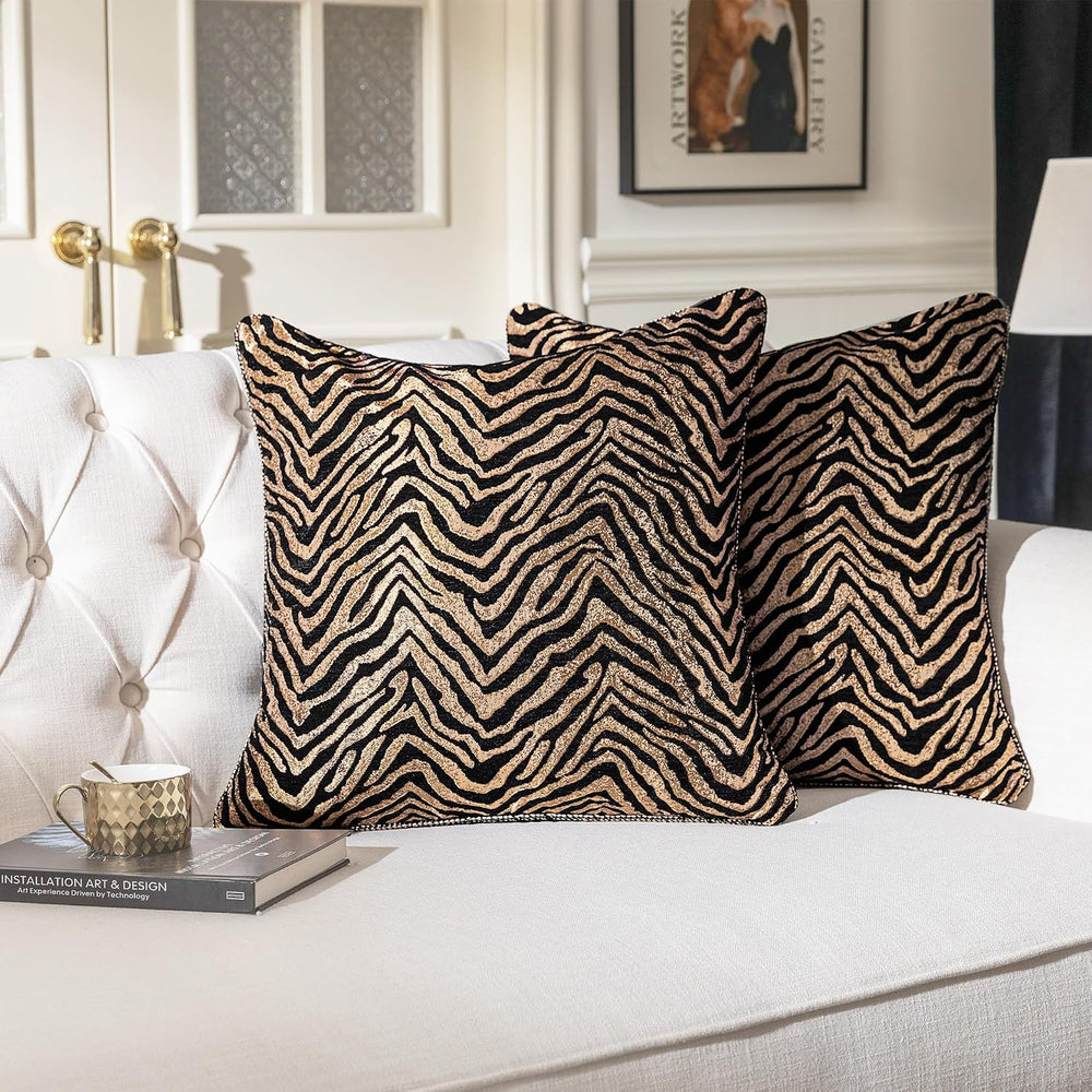 1-Piece Zebra Print Throw Pillow Covers 20x20 Inch, Black Gold