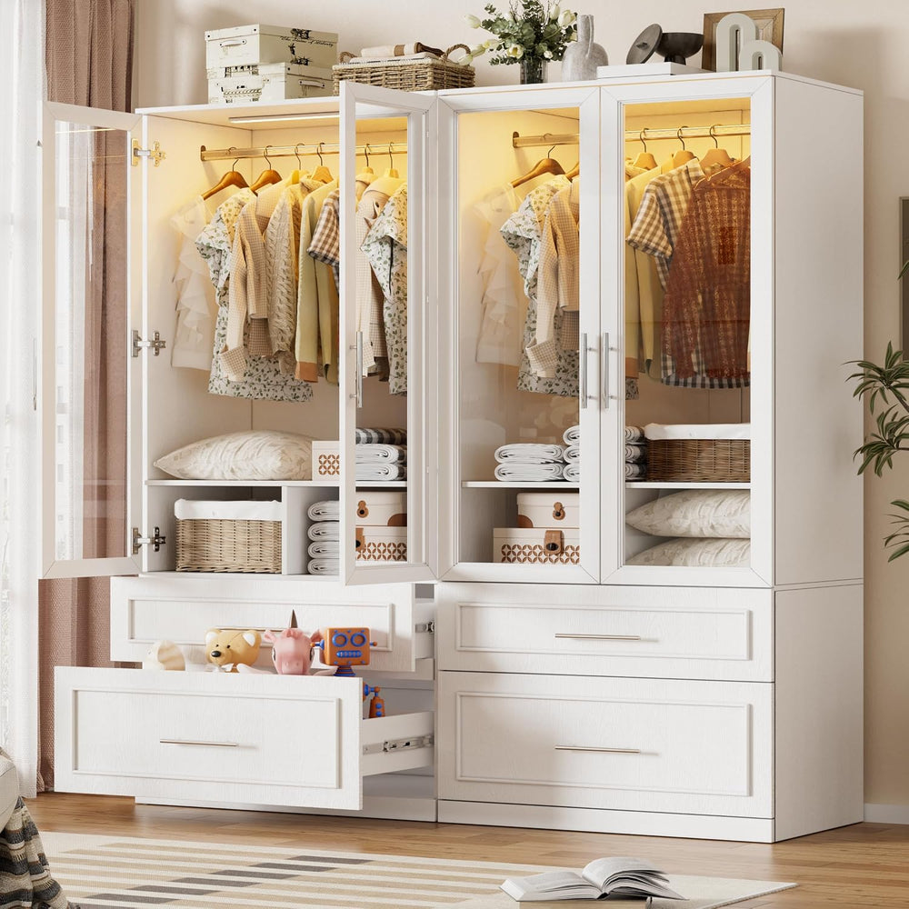 PAKASEPT Armoire Wardrobe Closet with Glass Door and Drawers, Bedroom Closet ...
