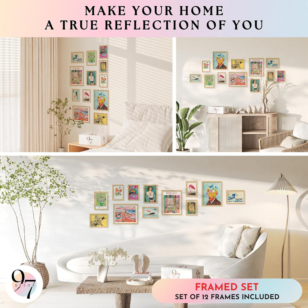 Eclectic FRAMED Wall Art, Retro Colorful Prints for Bedroom, BEIGE FRAME