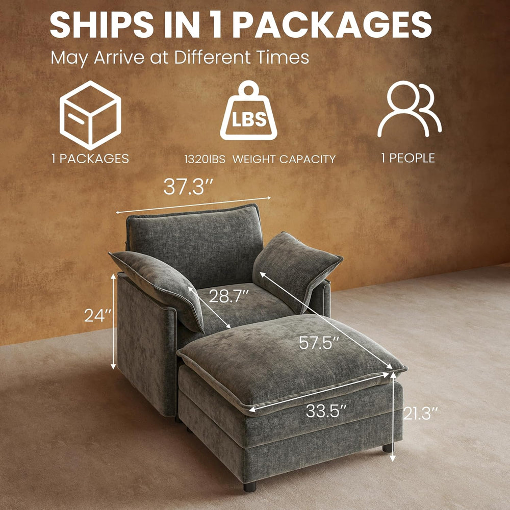 37" Chenille Oversized Sofa Chair with Movable Ottoman, Chair & Otto...
