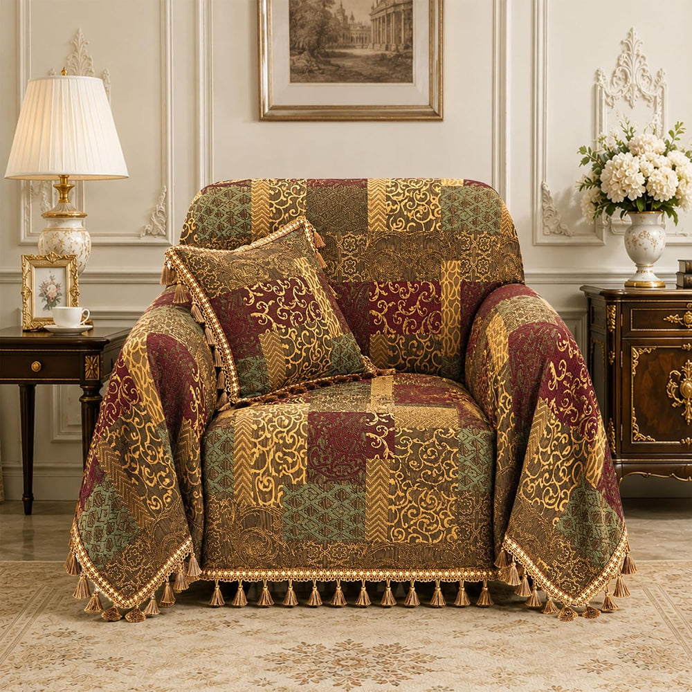 Loom and Mill Patchwork Arm Chair Sofa Slipcover, 71x91 Inches, Red&Gold