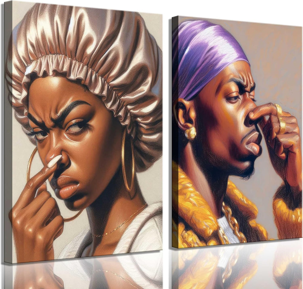2Pcs Funny African American Bathroom Canvas Wall Art African men and Women Pi...