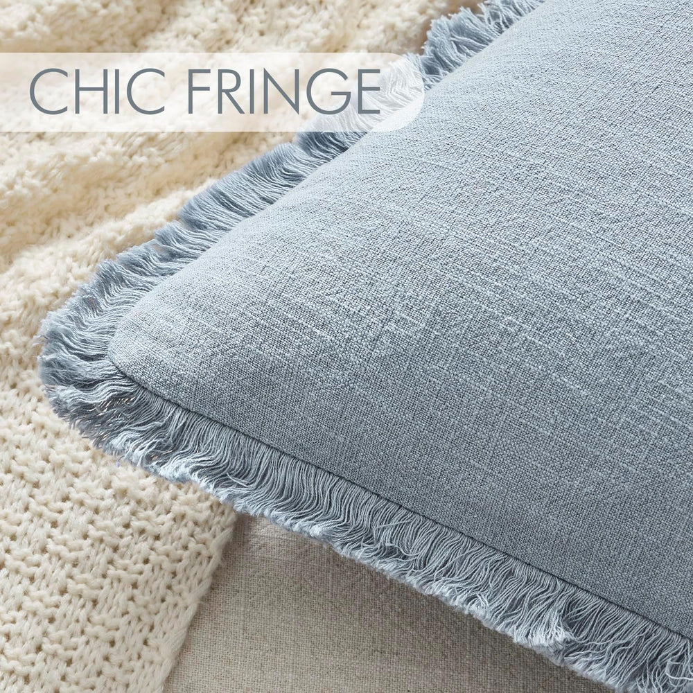ANRODUO Decorative Linen Fringe Pillow Covers 20×20 Inch Sky Blue 2 Pack