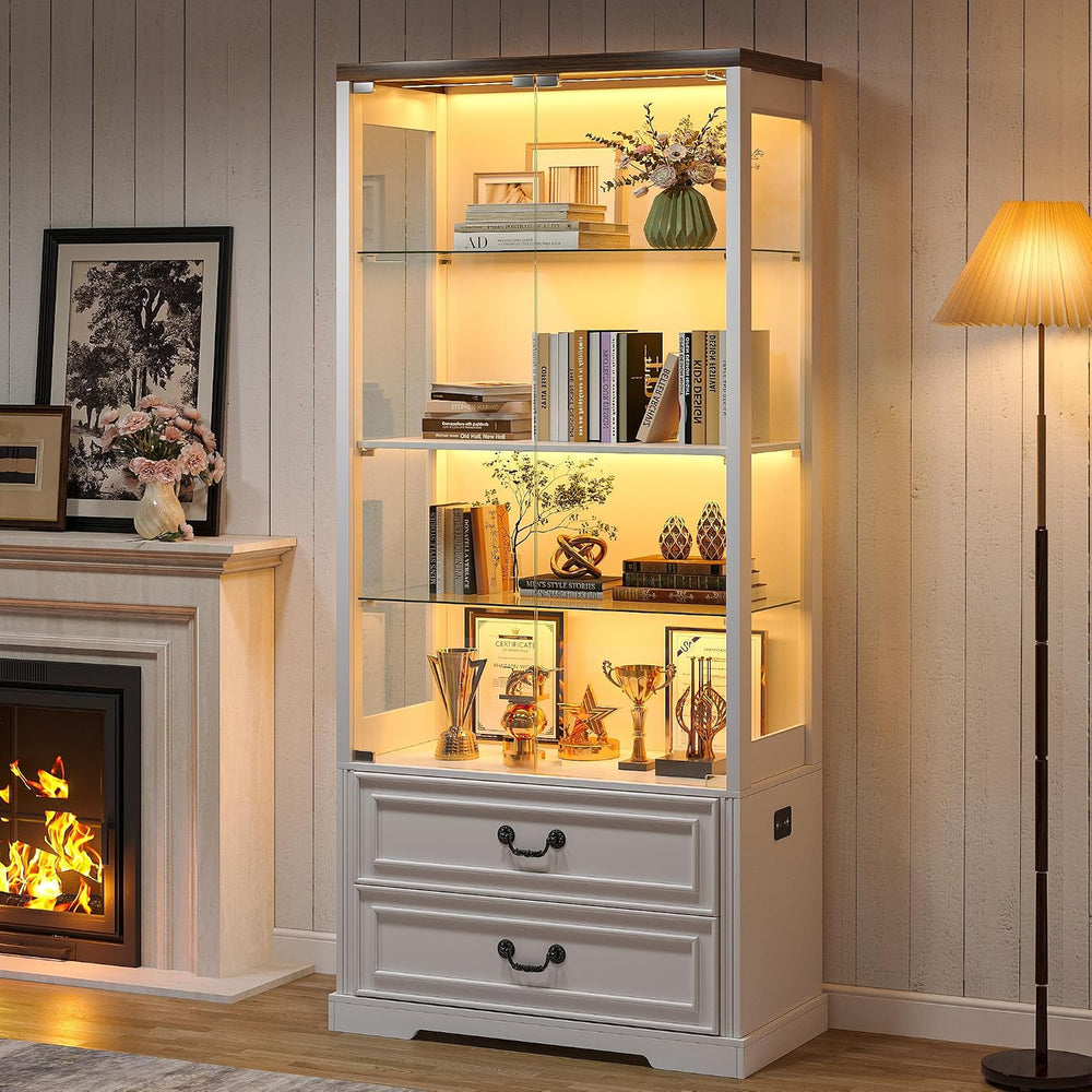 TAGELIER 67" Tall Display Cabinet with Glass Doors and 2 Drawers, White