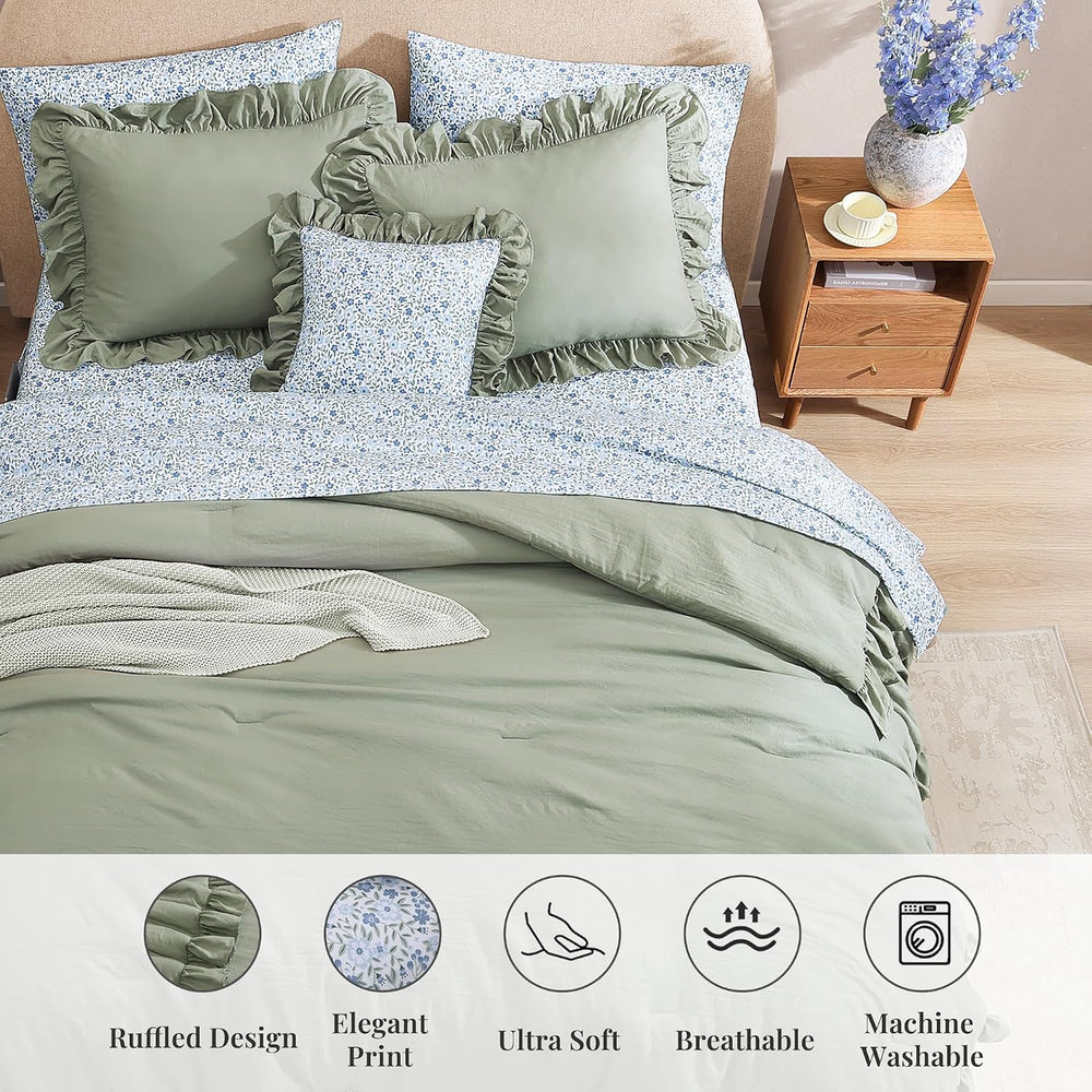 BLOOMHAVEN Queen Comforter Set-7 Pieces Ruffle Bedding with Floral Sheet