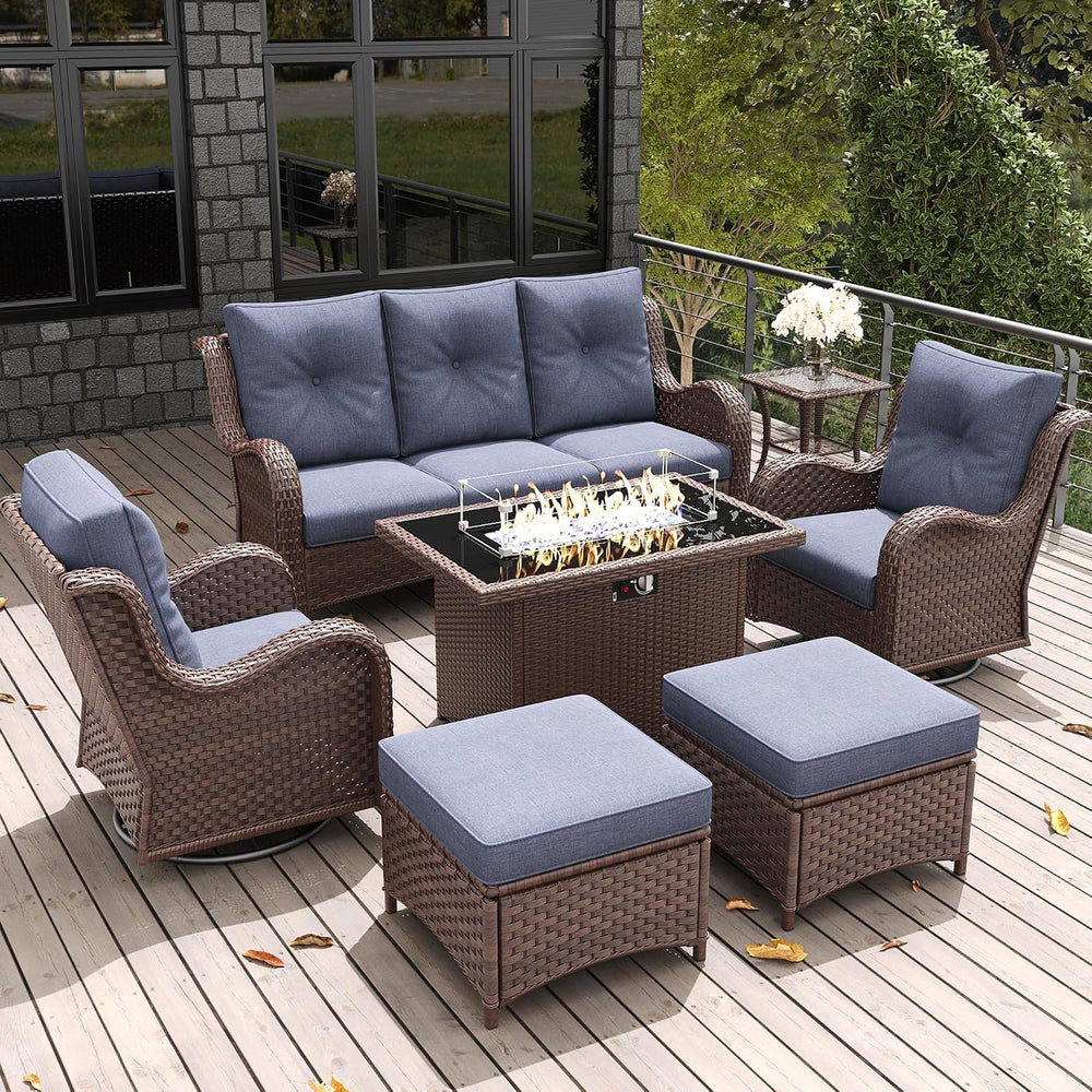 LayinSun 7 Pieces Outdoor Patio Furniture Set with Fire Pit Table, Rattan Wic...