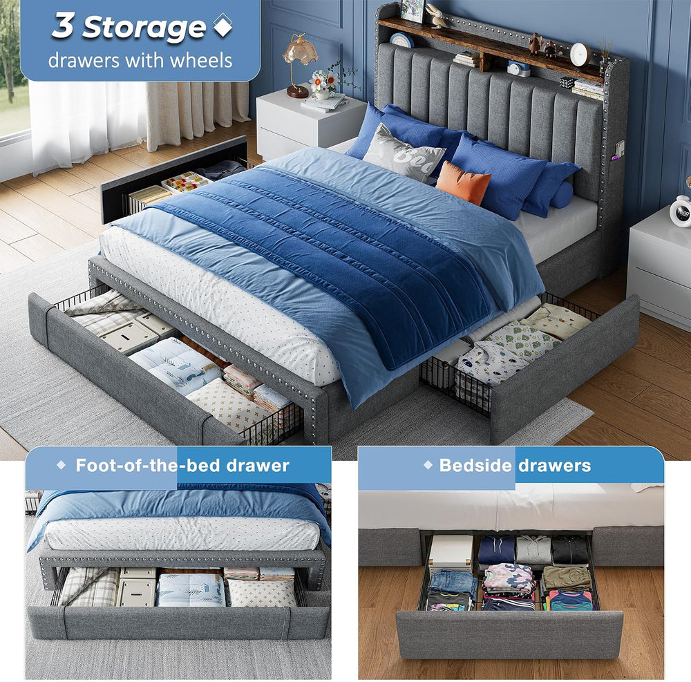 EnHomee Full Bed Frame with 2 Drawers & 2-Tier Storage Headboard Shelf