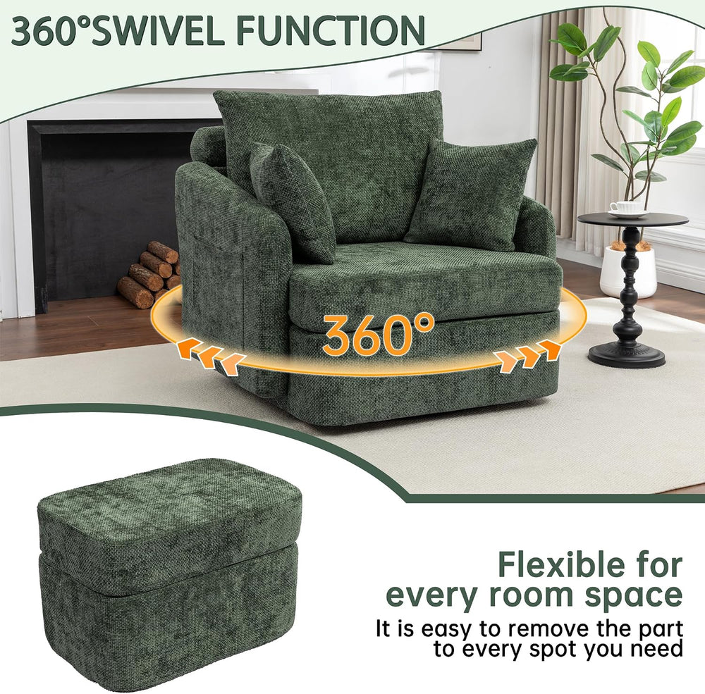 Swivel 39" Accent Chair with Ottoman & Pillows (Chenille Green)