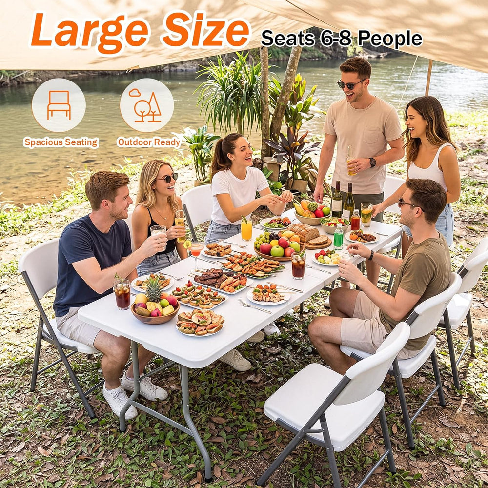 6FT Portable Folding Table, White Square Card Table with Carrying Handle &...