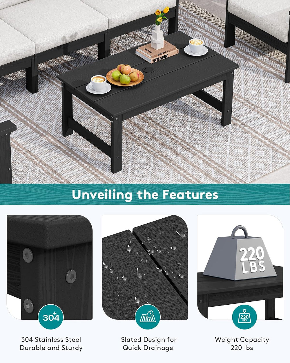 SERWALL HDPE Patio Coffee Table for Balcony, Deck, Black