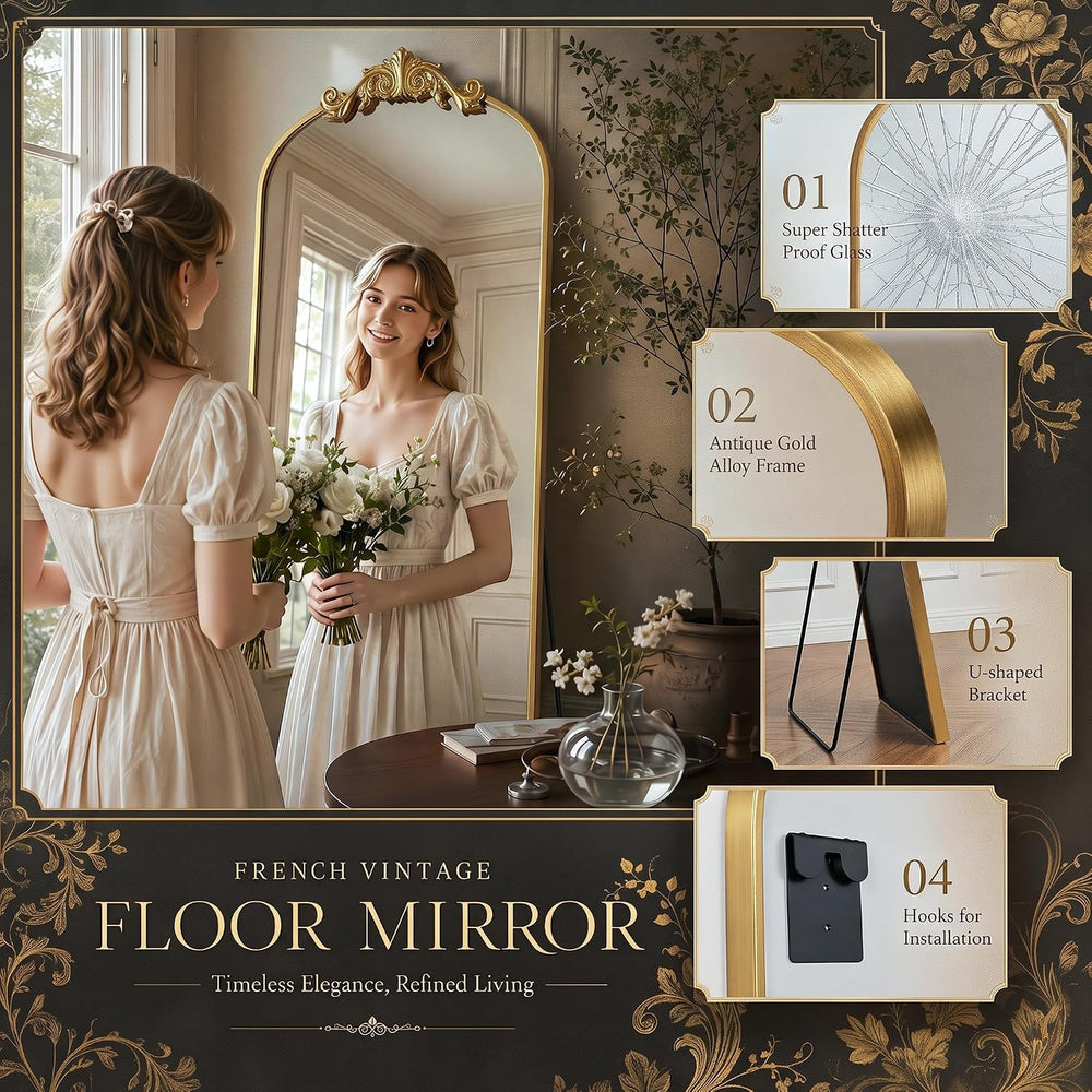 Antok Arched Full Length Mirror, 71"x28" Floor Mirror with Carved, ...