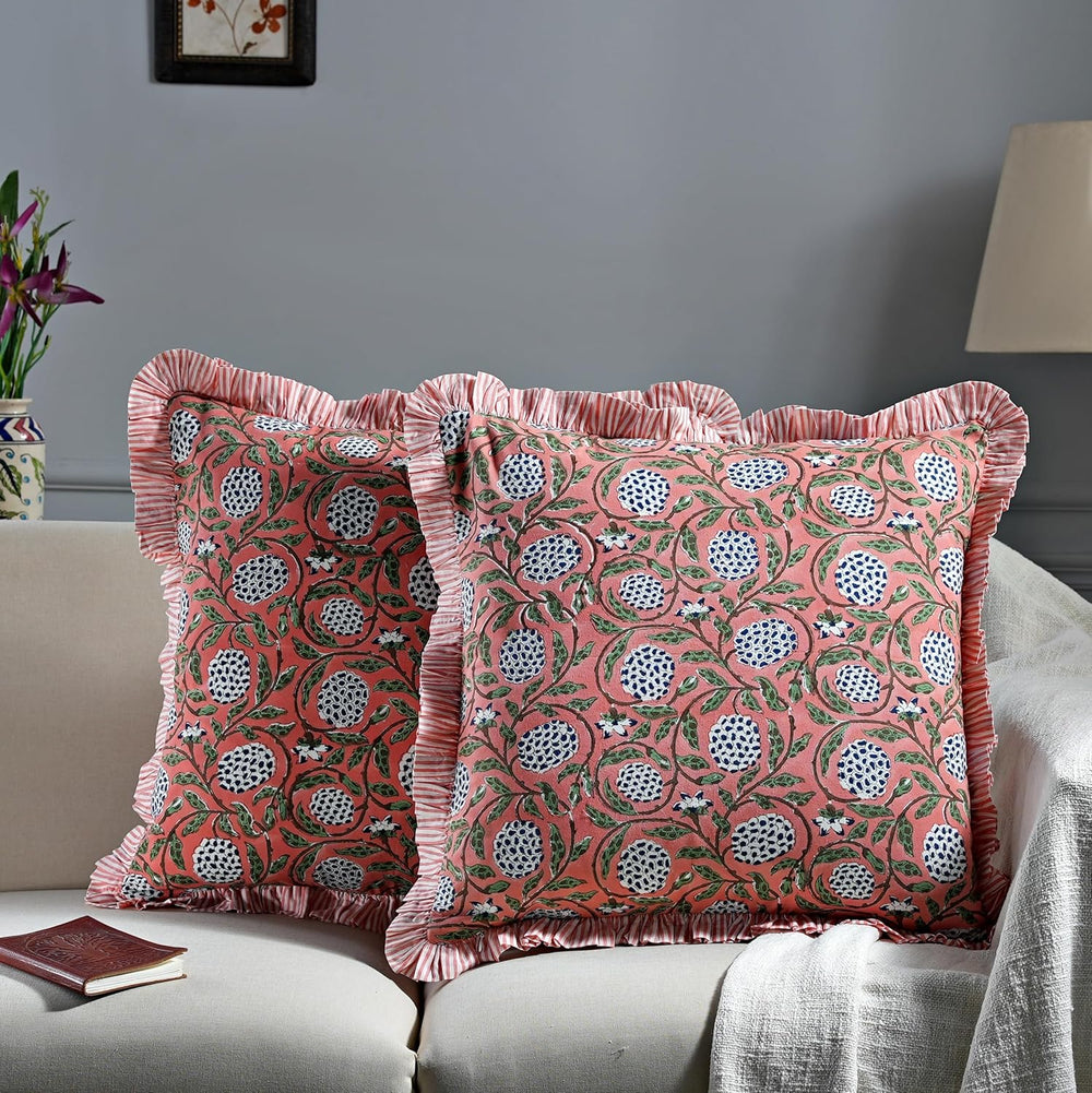 Ridhi Dark Salmon Pink Block Print Ruffle Pillow Covers 16x16 Inch Set of 2