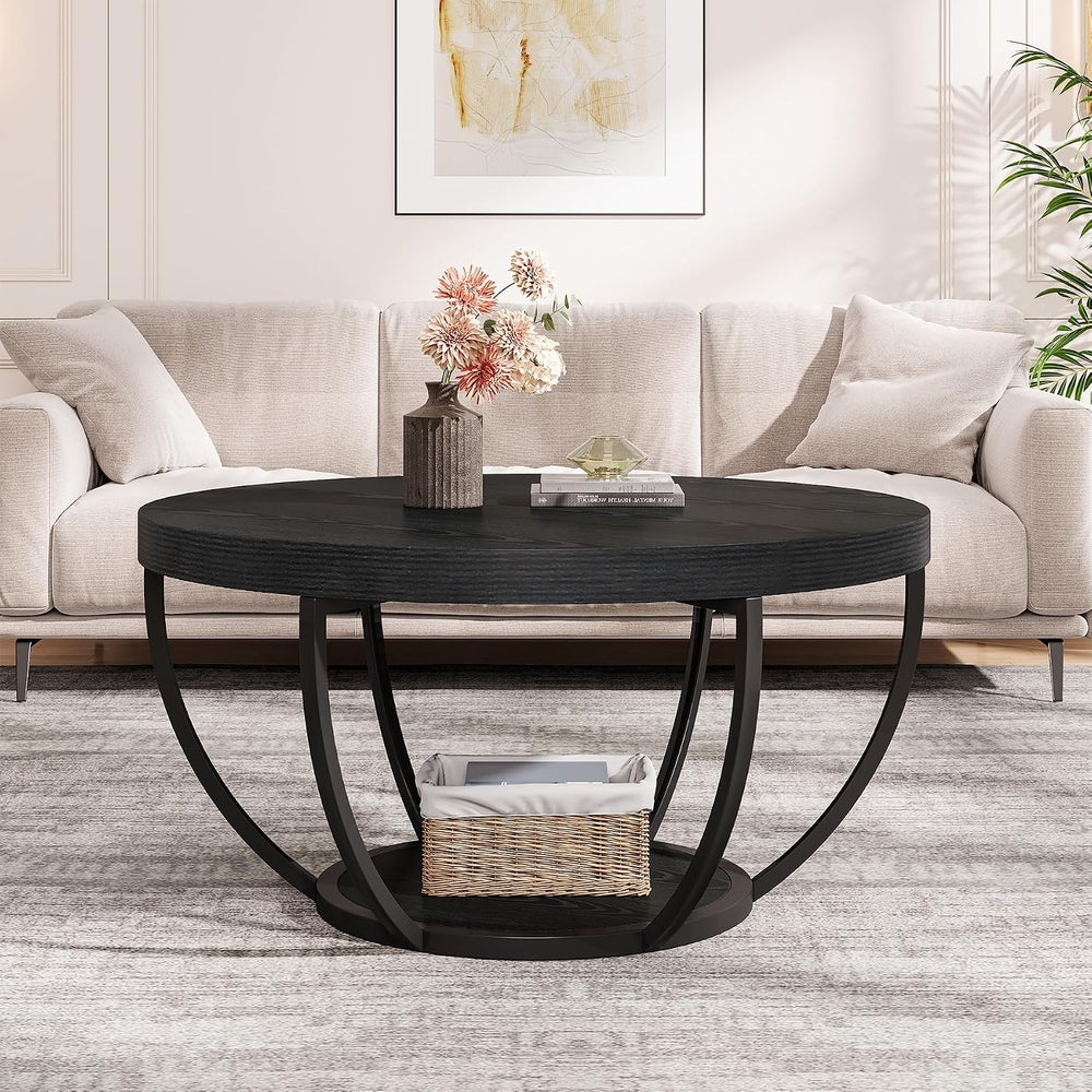 Tribesigns Round Coffee Table with Storage, 31.7" Black Living Room Table