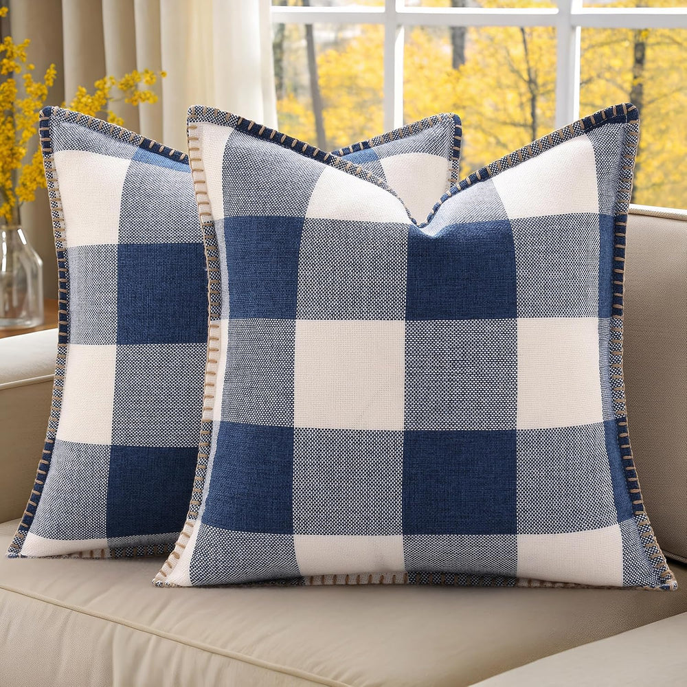 decorUhome Fall Plaid Linen Throw Pillow Covers 26x26 Set of 2 Navy Blue