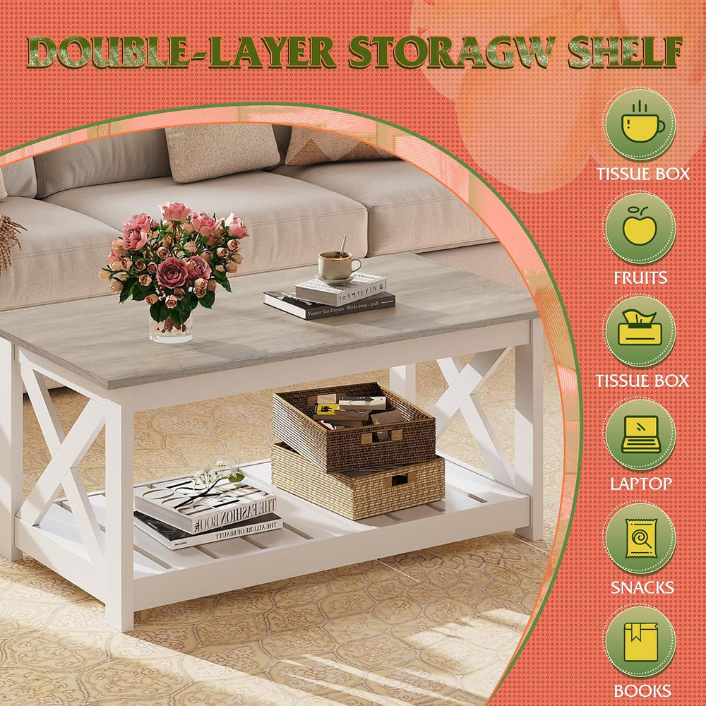 WLIVE 2-Tier Coffee Table with X-Shape Frame, Classic White