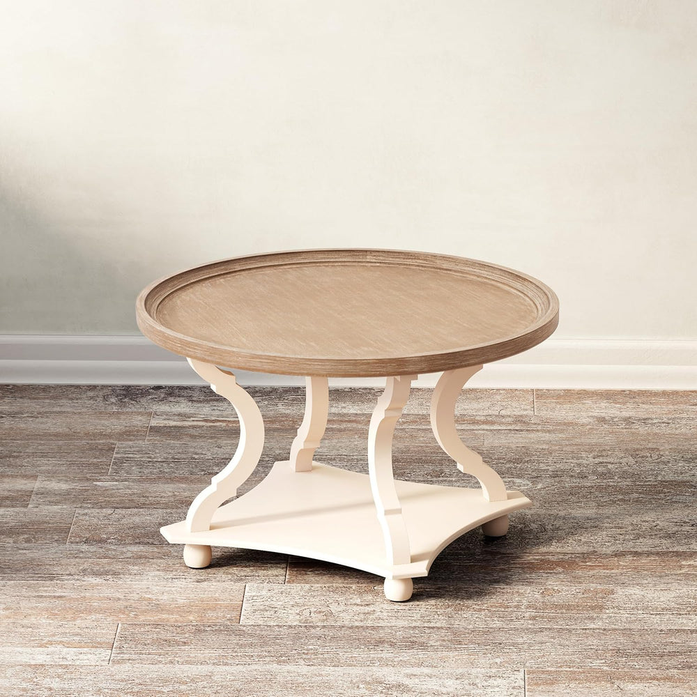 Round Farmhouse Coffee Table with Tray Top, Handmade Finish, White