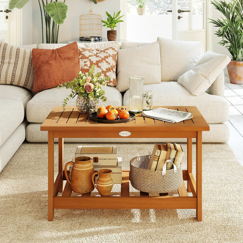 Tangkula Outdoor Acacia Wood Coffee Table, Patio 29.5” Rectangle Slatted 2 Ti...