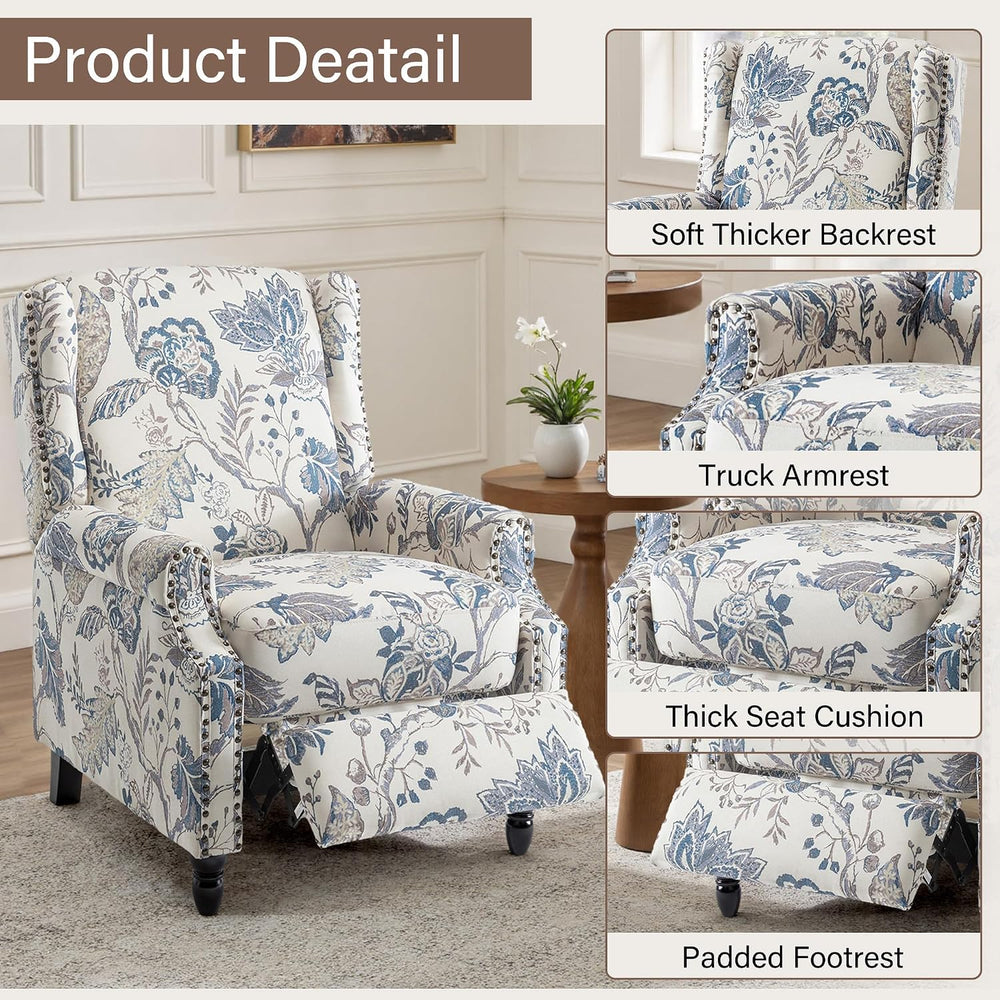 Floral Pushback Recliner Chairs Set of 2, Fabric Armchair, Blue Plant