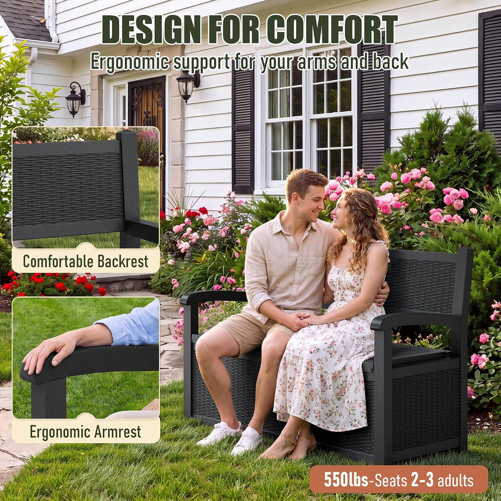 80 Gallon Outdoor Storage Bench, Resin Outdoor Storage Box with Armrest, Lock...