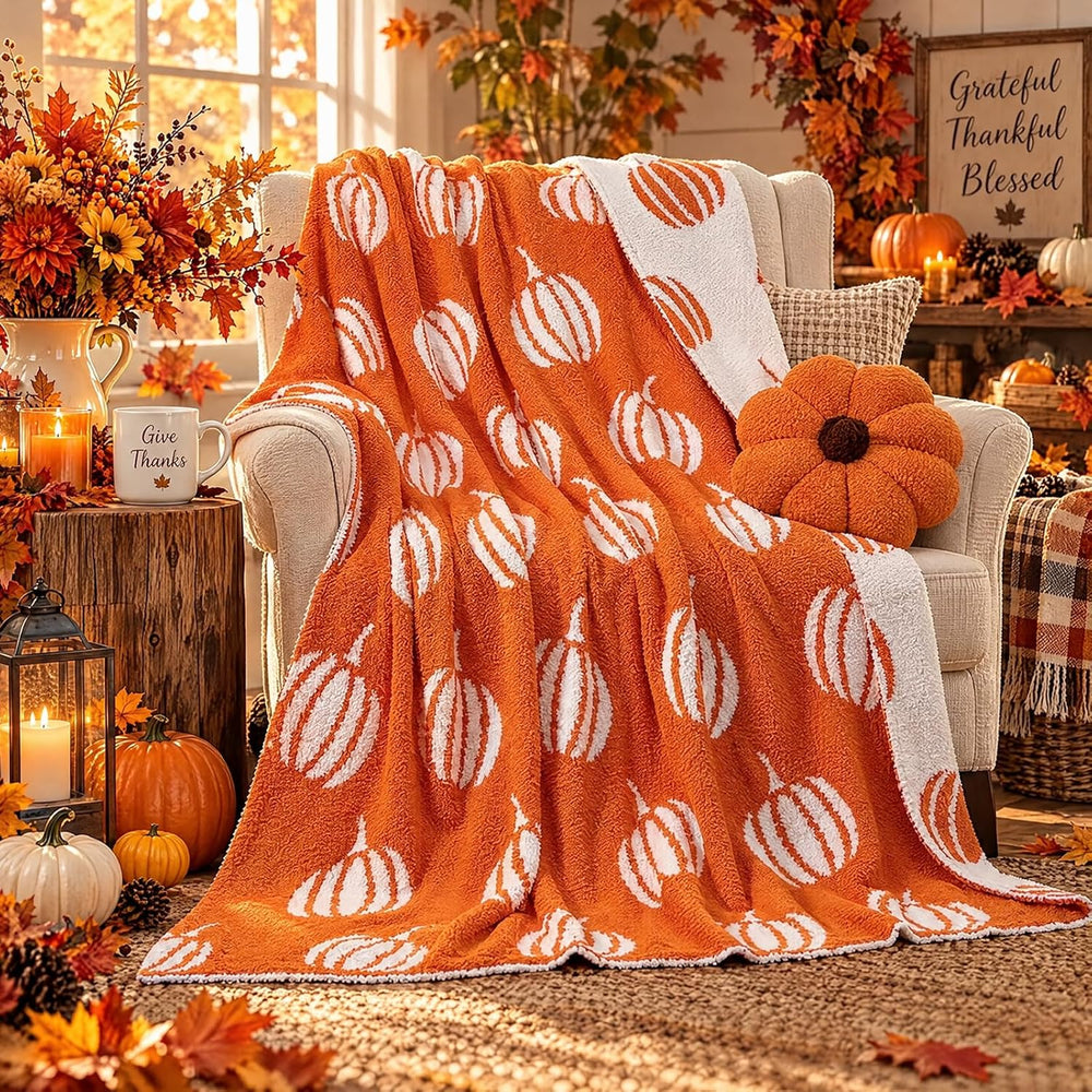 Fall Pumpkin Throw Blanket and Pillow Set, 50 x 60 Inch