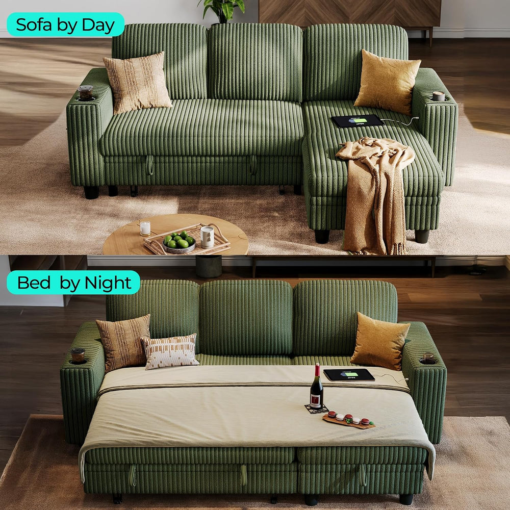 LINSY HOME Sectional Couch with Pull Out Bed, 81" 3 Seat Sleeper Sofa Green
