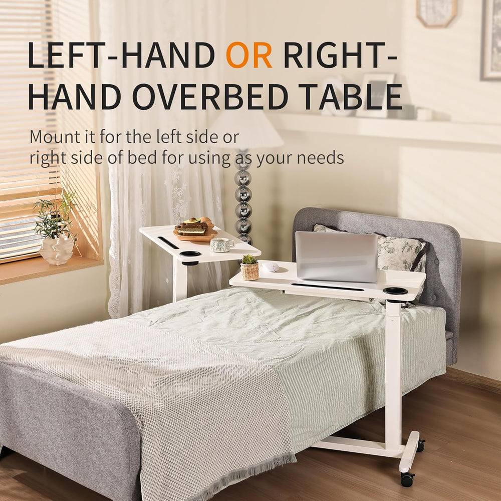 Adjustable Hospital Overbed Table with Drawer, Wheels, Cup Holder