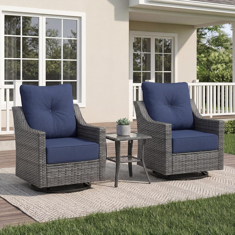 3 Piece Patio Furniture Set, Grey Wicker Outdoor Conversation Set with 2 Swiv...