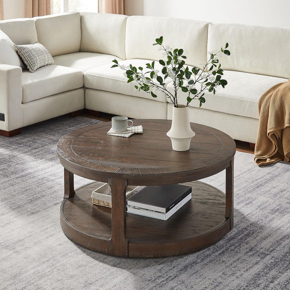 WILLIAMSPACE 40" Round Coffee Table with Wheels, Circle 2 Tier Solid Woo...