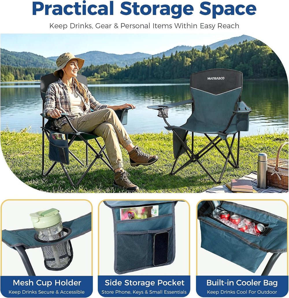 Outdoor Folding Camping Chairs 2 Pack, 350 lbs Capacity, Blue
