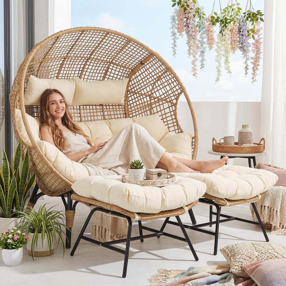RADIATA Double Egg Chair with Ottoman, 2 Person Outdoor Wicker Loveseat