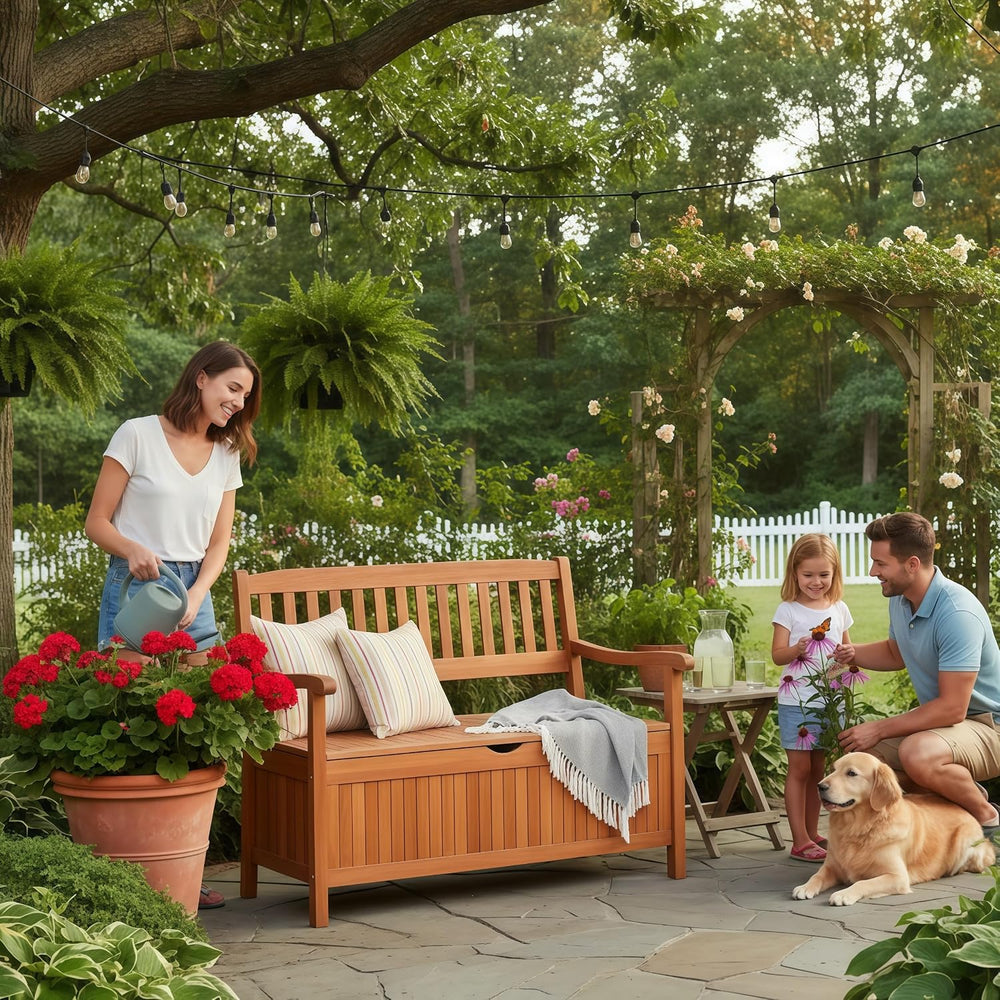 Tangkula Outdoor Wood Storage Bench Deck Box, Entryway Porch Storage Bench wi...