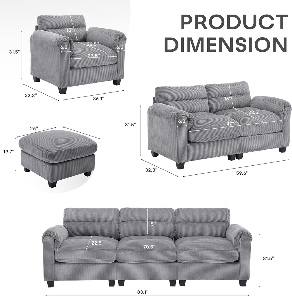 HAOMARKETS Corduroy 2-Piece Sofa Set, Upholstered Ottoman and Accent Chair So...