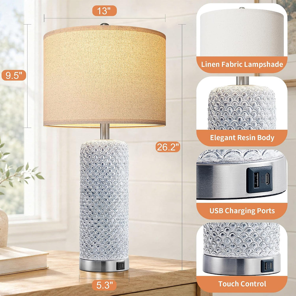 Farmhouse Table Lamps Set of 2 with USB A+C & 3-Way Touch Dimmable