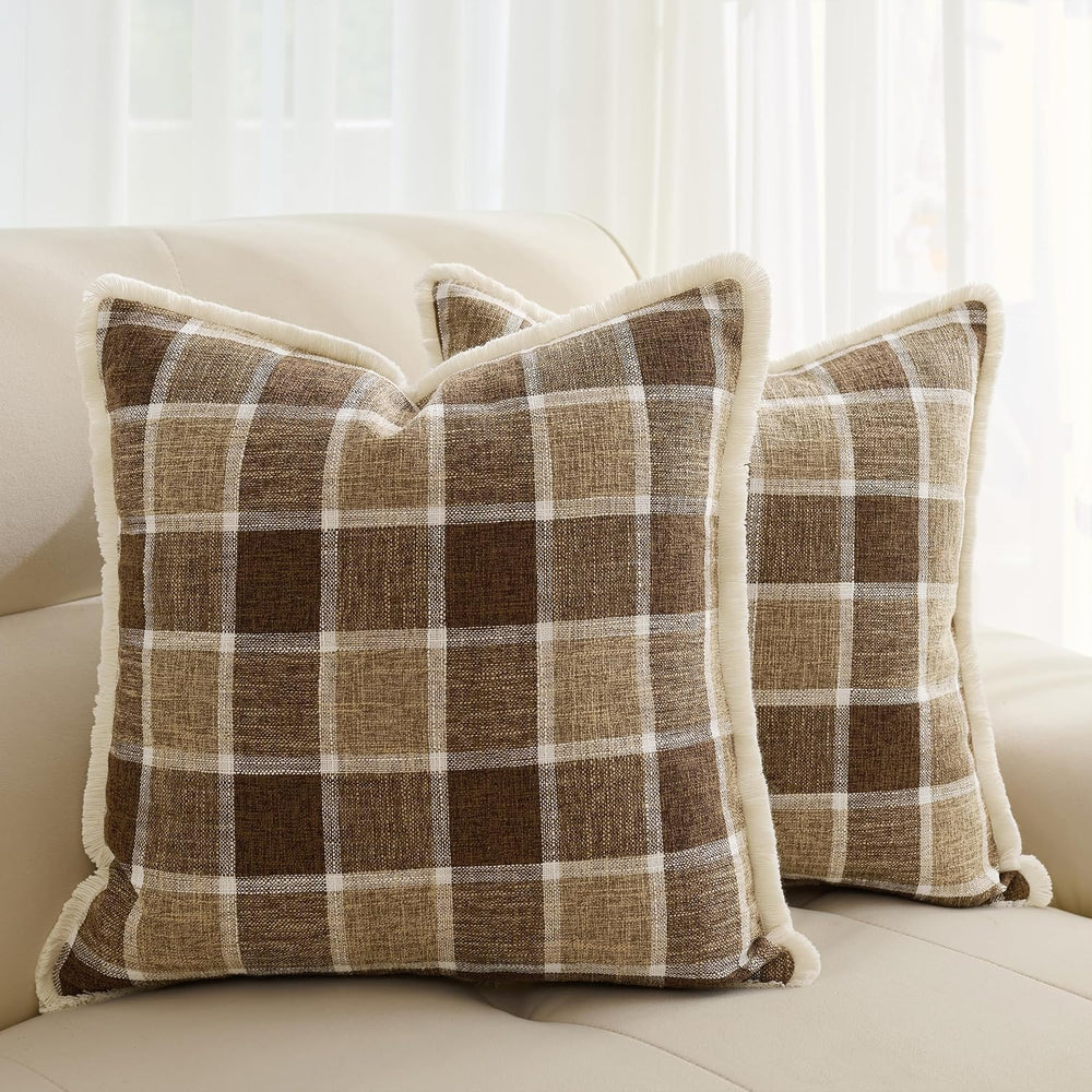 Classic Windowpane Plaid Pillow Covers 18x18 Set of 2, Structured Linen-Look ...